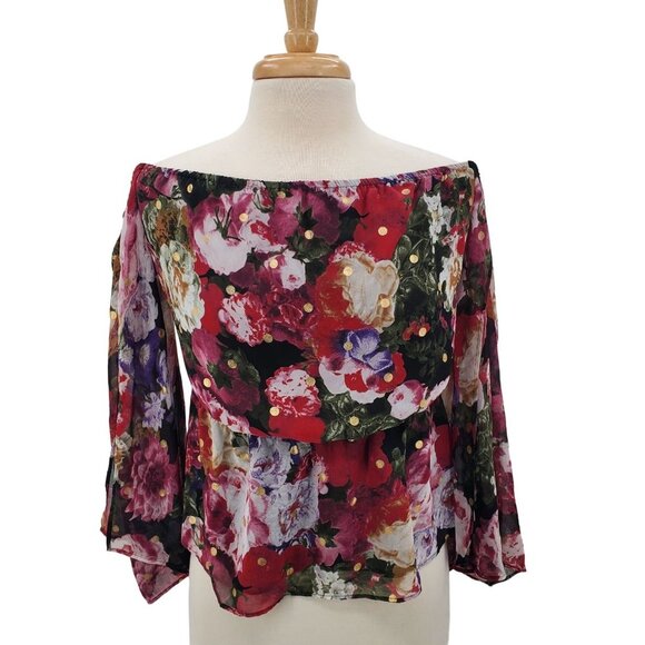 Express Womens Floral Bohemian Slit Sleeve Cold Shoulder Blouse M Elastic Waist - Picture 1 of 12